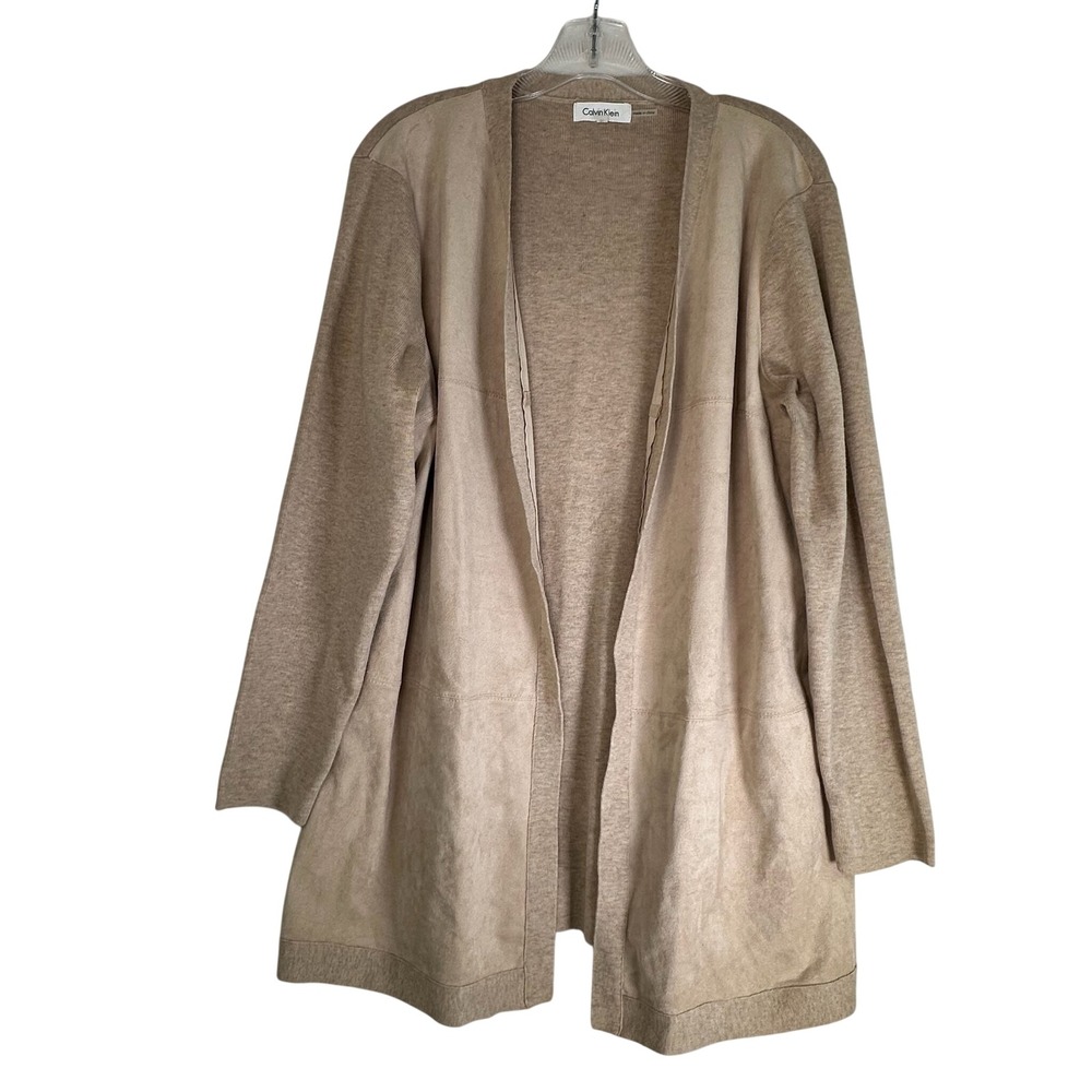 Calvin Klein Womens XL Tan Faux Suede Mixed Media Open Front Cardigan Sweater